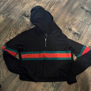 Black Cropped Hoodie with Red and Green Stripes, M